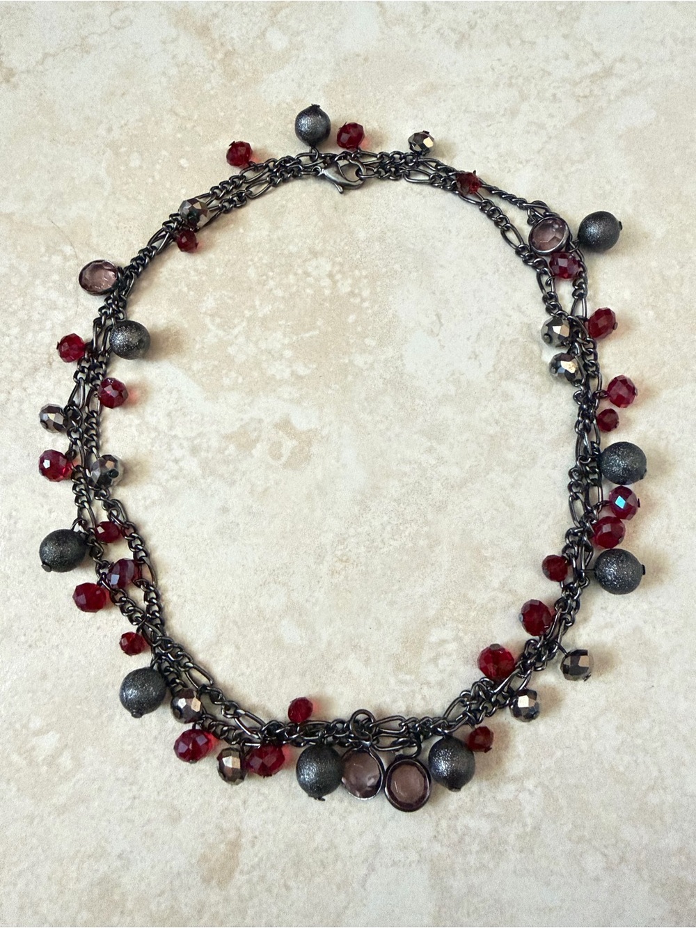 *BRAND NEW* Delicate Red, Purple, And Black Bead Accents Gunmetal Long Necklace